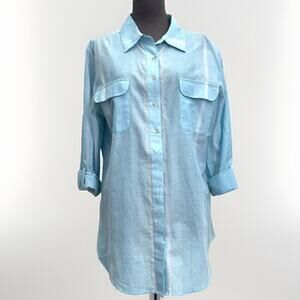 Chicos Button Up Shirt Women’s 2 ( L US 12) Blue Cotton Tab Long Sleeve Striped